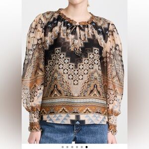 Misa Siena Top Patterned Long Puff Sleeve Chiffon Tie Neck